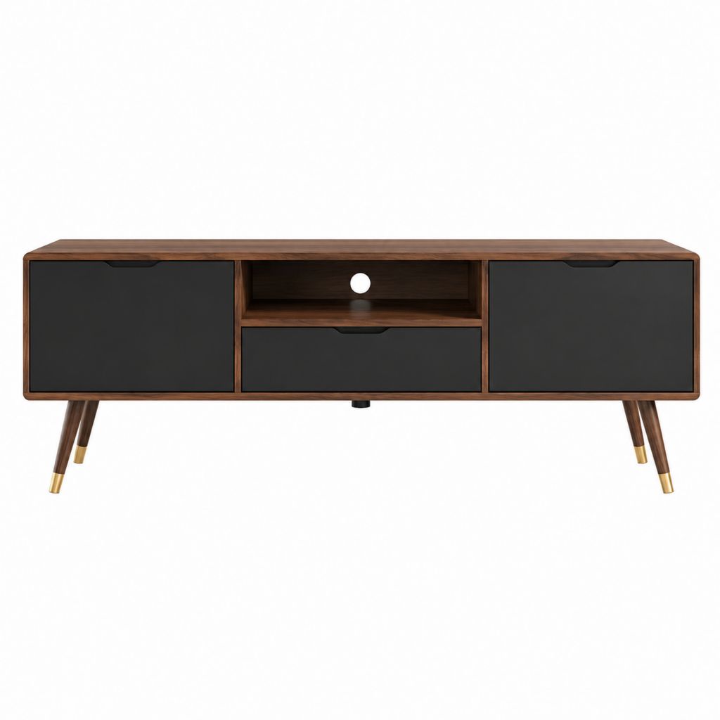 Meuble TV 160 x 40 x 55 cm noir et noyer en MDF avec rangements et passe-câbles