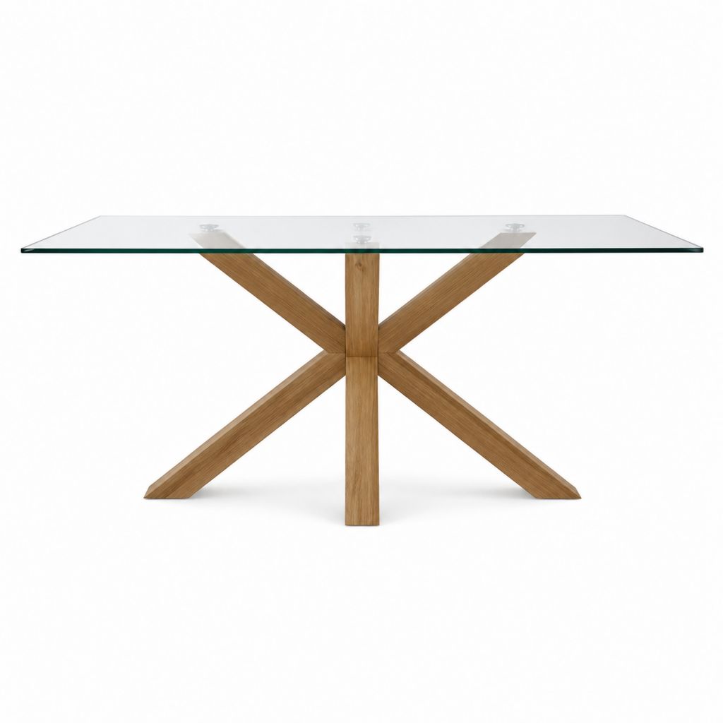 Table à manger rectangulaire en verre trempé transparent et chêne massif 200 x 100 x 75 cm