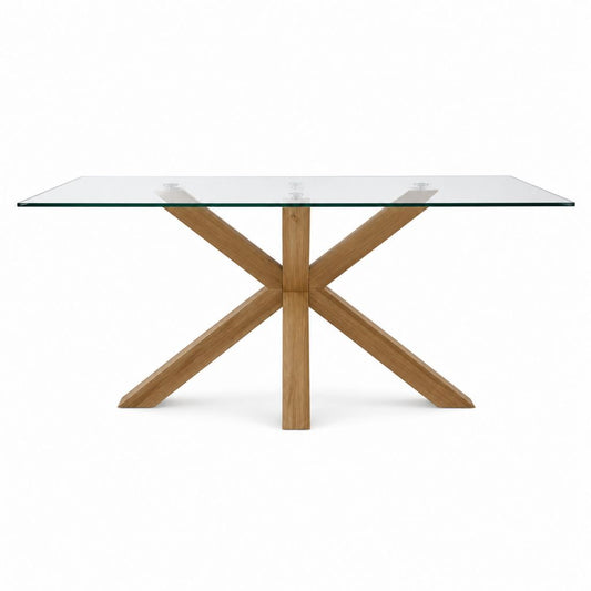 Table à manger rectangulaire en verre trempé transparent et chêne massif 200 x 100 x 75 cm