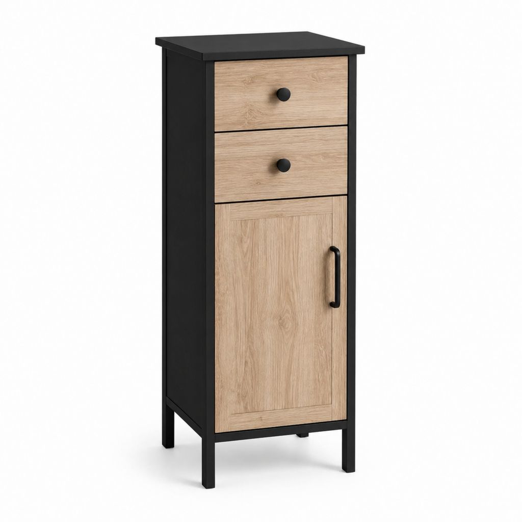 Meuble de rangement étroit 2 tiroirs 1 porte noir et chêne clair en panneaux de particules 40 x 30 x 120 cm