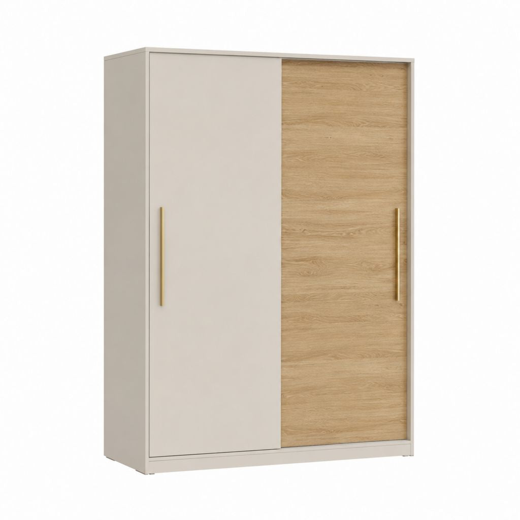 Armoire de chambre 2 portes coulissantes beige et chêne clair en panneaux de particules mélaminés rectangulaire 120 x 60 x 200 cm