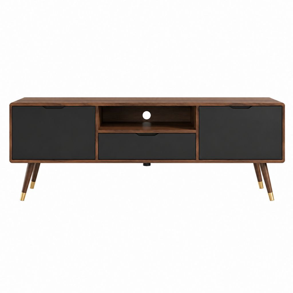 Meuble TV 160 x 40 x 55 cm noir et noyer en MDF avec rangements et passe-câbles