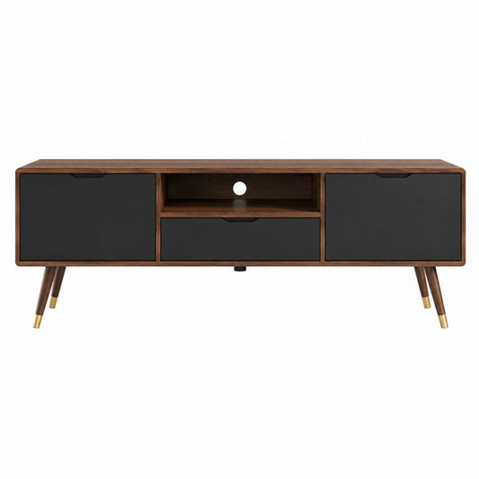 Meuble TV 160 x 40 x 55 cm noir et noyer en MDF avec rangements et passe-câbles
