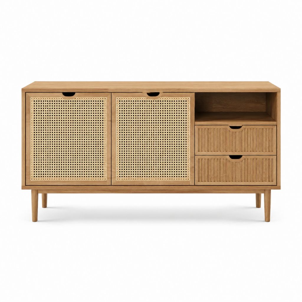 Meuble TV en chêne naturel et cannage en rotin 140 x 40 x 75 cm