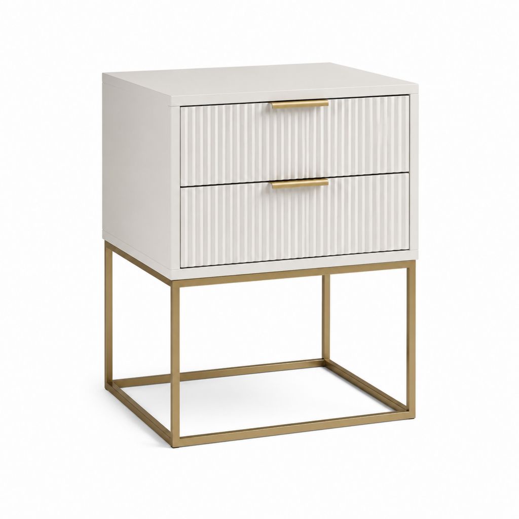 Table de chevet blanche en MDF rectangulaire avec 2 tiroirs et piètement en acier doré 50 x 40 x 60 cm