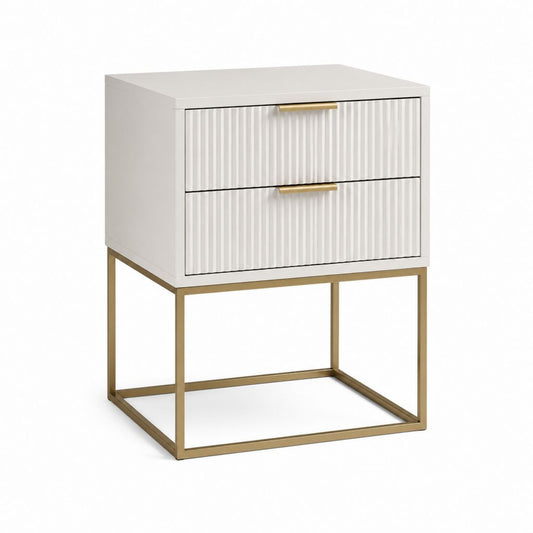 Table de chevet blanche en MDF rectangulaire avec 2 tiroirs et piètement en acier doré 50 x 40 x 60 cm