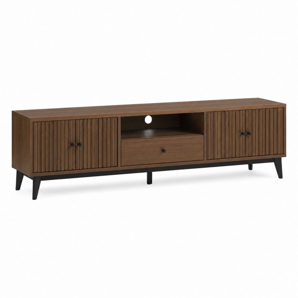 Meuble TV rectangulaire noyer en MDF plaqué 180 x 40 x 60 cm avec rangement et pieds en acier noir