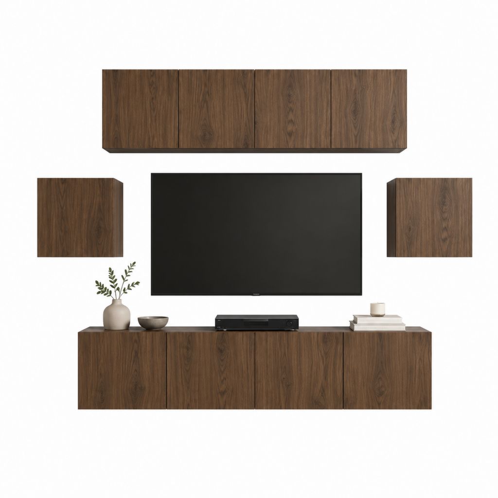 Ensemble meuble TV mural noyer en panneaux de particules 280 x 45 x 190 cm
