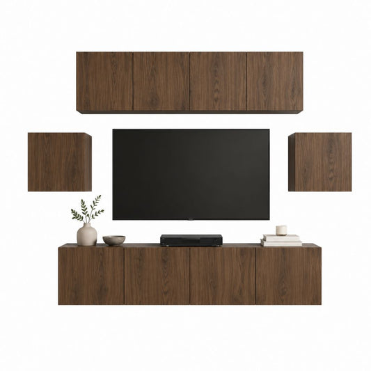 Ensemble meuble TV mural noyer en panneaux de particules 280 x 45 x 190 cm