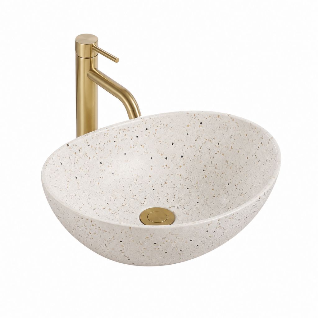 Ensemble lavabo à poser rond blanc moucheté en résine minérale avec robinet mitigeur doré 40 x 40 x 14 cm
