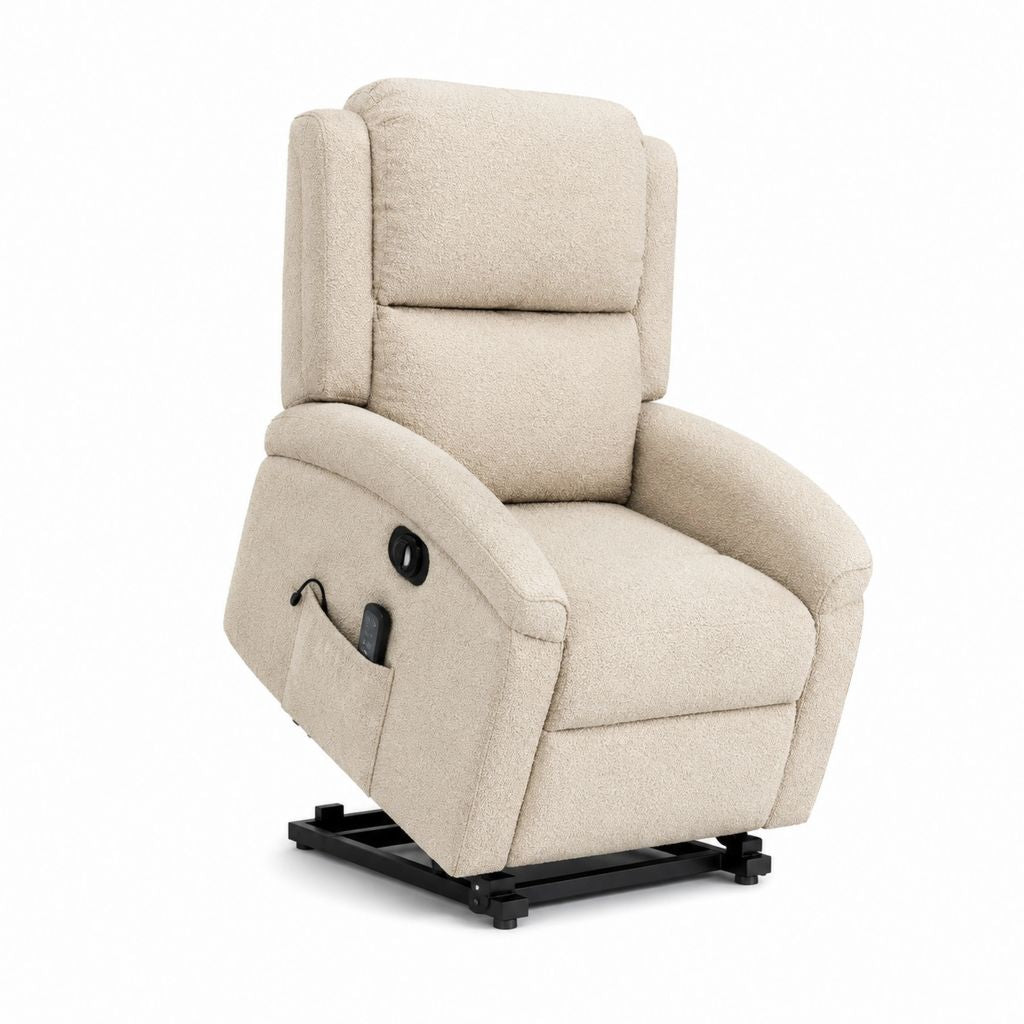 Fauteuil releveur électrique inclinable beige en polyester bouclé 84 x 94 x 108 cm