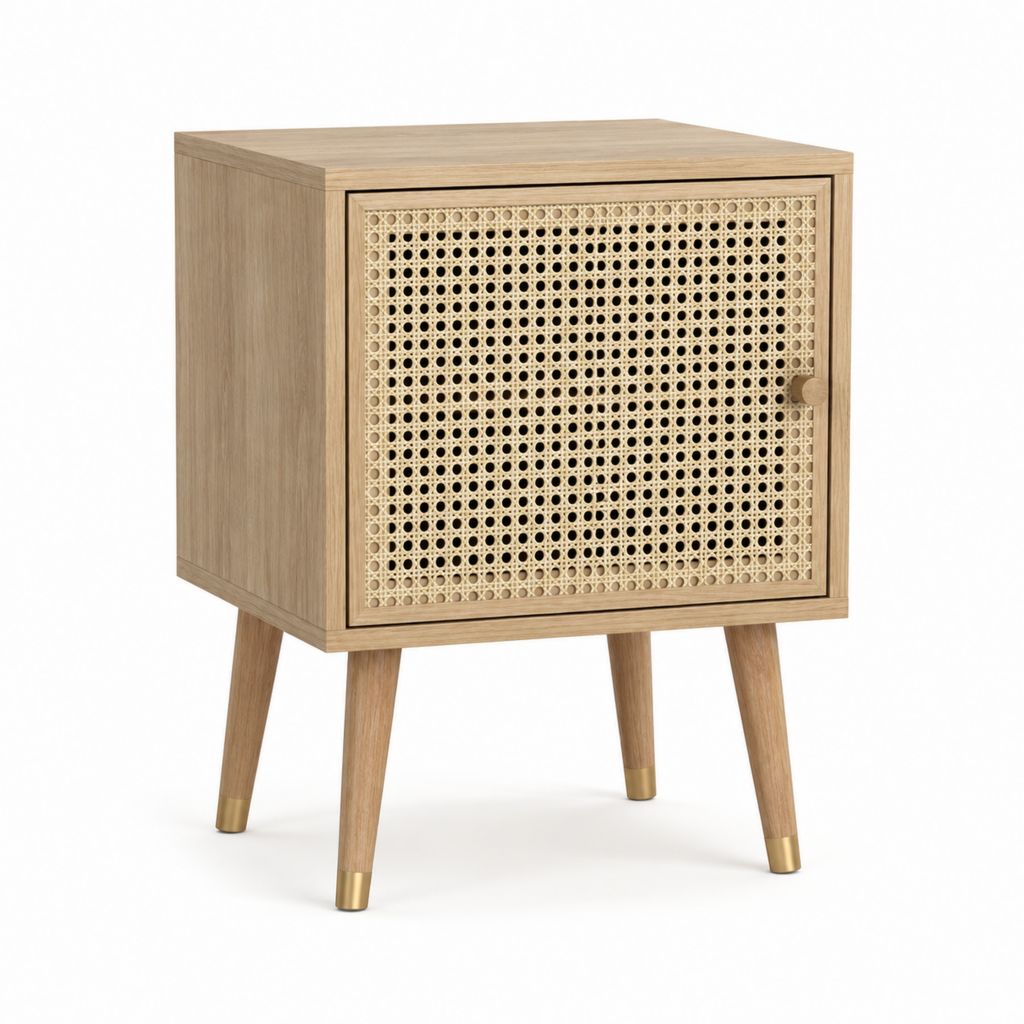 Table de chevet 1 porte beige en MDF plaqué chêne avec cannage en rotin 40 x 35 x 60 cm