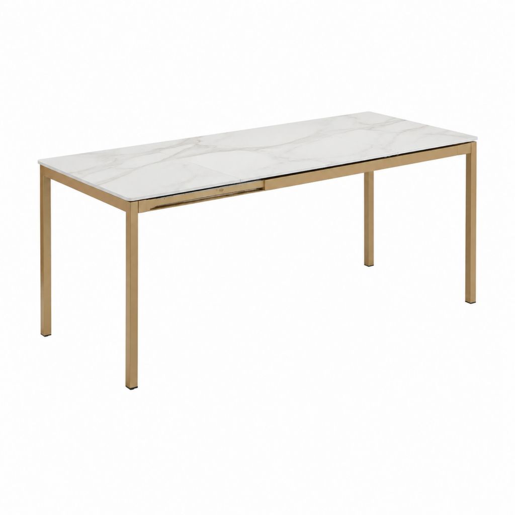Table à manger extensible blanche effet marbre en céramique et acier inoxydable doré rectangulaire 160-200 x 90 x 76 cm
