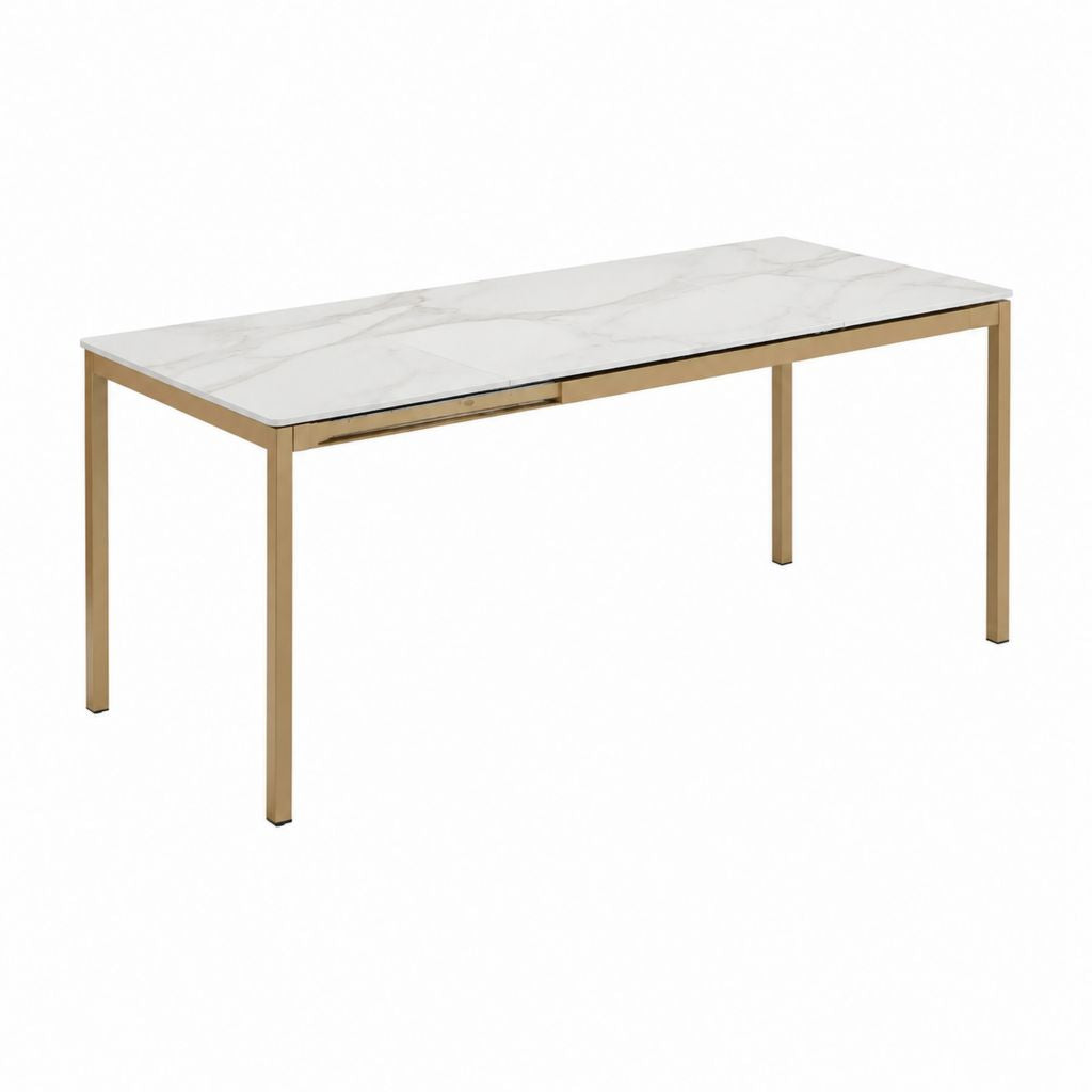 Table à manger extensible blanche effet marbre en céramique et acier inoxydable doré rectangulaire 160-200 x 90 x 76 cm
