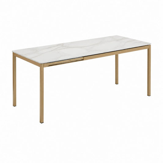 Table à manger extensible blanche effet marbre en céramique et acier inoxydable doré rectangulaire 160-200 x 90 x 76 cm