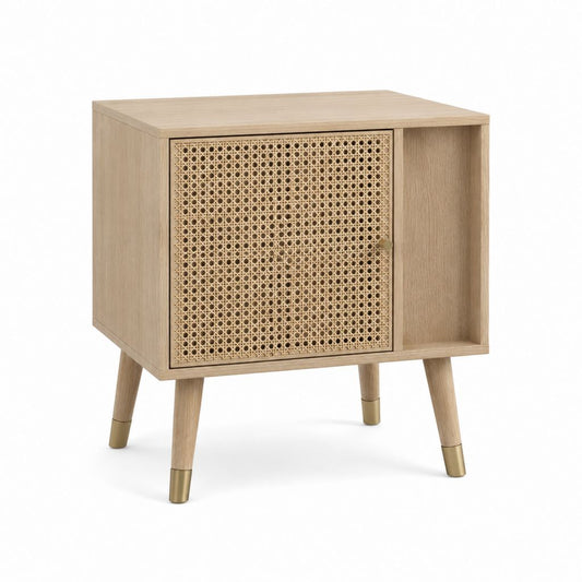 Table de chevet rectangulaire beige en MDF et cannage de rotin 60 x 40 x 60 cm
