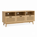 Meuble TV 3 portes chêne clair cannage en rotin 160 x 40 x 75 cm