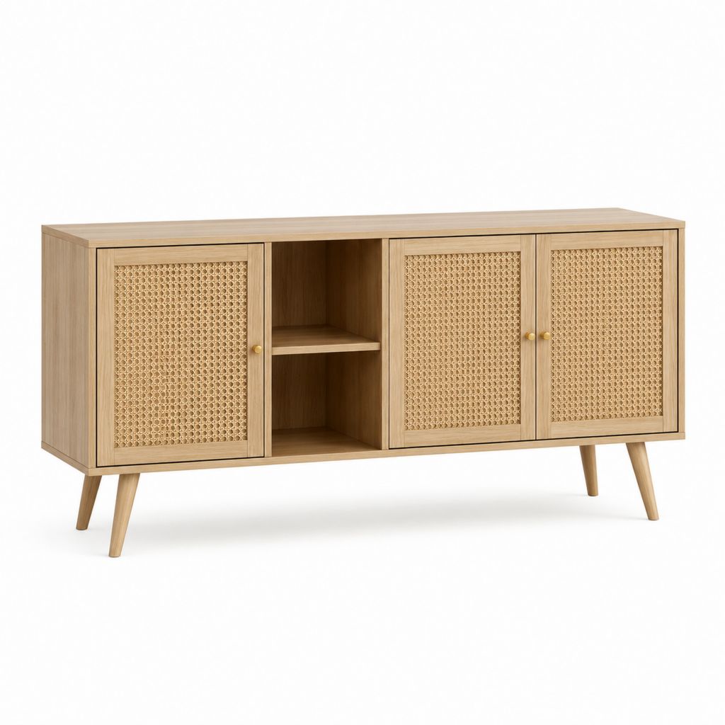 Meuble TV 3 portes avec cannage en rotin naturel chêne 160 x 40 x 80 cm