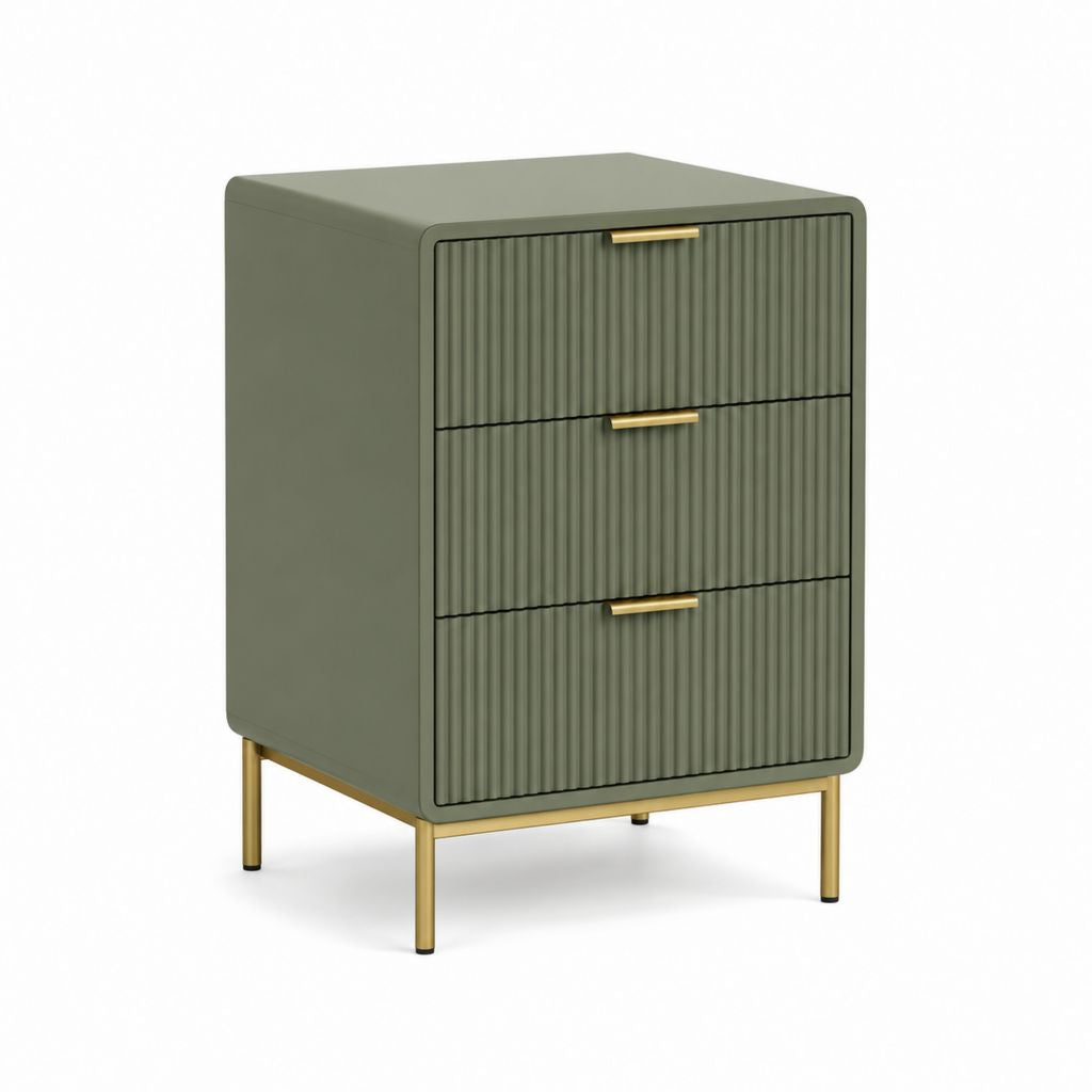 Table de chevet rectangulaire 3 tiroirs vert olive en panneaux MDF 45 x 40 x 65 cm